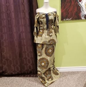 3 Piece Off The Shoulder African Print Skirt Set With Waist Band/Head Wr…